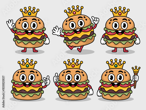 Adorable cartoon king burger mascot characters performing various cute and dynamic poses like waving, running, and thumbs up, perfect for fast food restaurant branding, kids' menu designs, and joyful
