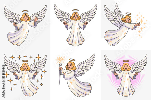 Collection of six cheerful angelic woman illustrations with white wings and golden halos, floating amidst glowing stars, delivering blessings and divine messages, ideal vector graphic resource for Chr