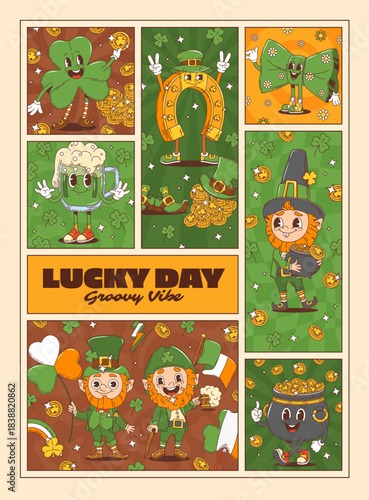 St Patrick Day holiday groovy characters poster, vector irish holiday. Cartoon groovy St Patrick Day clover, green beer and cute leprechaun characters. Funny gold pot, horseshoe and bowtie poster
