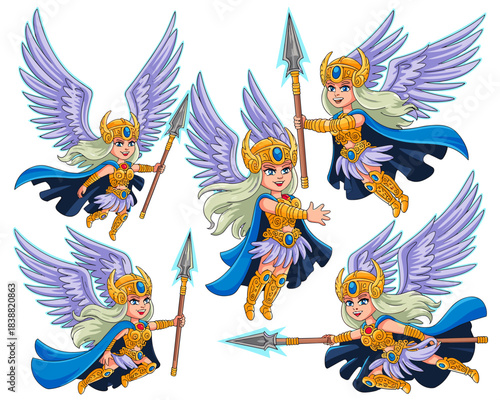 Dynamic vector illustration set featuring a cute blonde Valkyrie mythological warrior flying in golden armor and blue cape, wielding a sharp spear, depicting heroic fantasy combat poses for RPG mobile