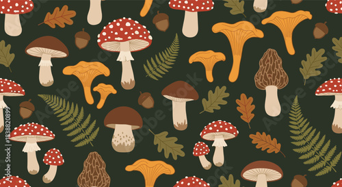 Charming seamless forest pattern featuring a variety of wild mushrooms, acorns, and fern leaves on a dark green background.