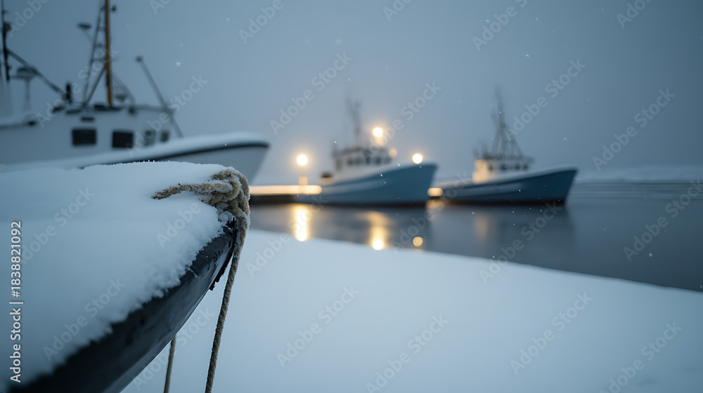Naklejka premium A winter scene with snow-covered boats moored at a quiet harbor, their lights reflecting on the water. The serene atmosphere is a reminder of the sea's quiet beauty.