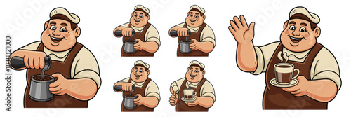Cheerful plump cartoon barista character mascot preparing and serving a steaming cup of hot espresso coffee beverage, wearing a professional brown apron, isolated vector illustration suitable for food