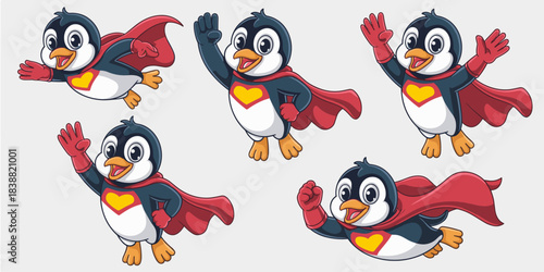 Adorable cartoon superhero penguin character champion flying and celebrating in five dynamic action poses wearing a heroic red cape and heart symbol, a vector illustration graphic resource for cheerfu