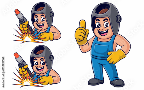 Cheerful cartoon welder mascot standing proudly in blue overalls and yellow gloves, giving a confident thumbs-up gesture and performing industrial arc welding work with sparks, illustrating skilled bl