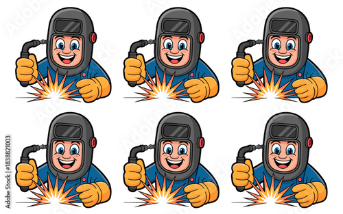 Professional smiling cartoon welder mascot character performing industrial arc welding generating bright sparks, seamless pattern vector illustration for skilled trades, construction, maintenance, lab
