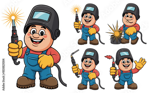 Cheerful mascot style professional welder worker set performing skilled arc welding, metal fabrication, and repair jobs in construction and industrial settings, wearing protective helmet, overalls, an