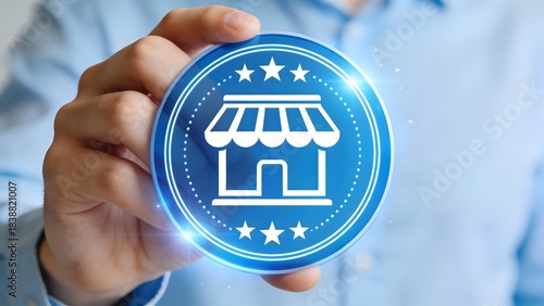 Hand holding digital store icon