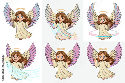 Six adorable cartoon little angel girl illustrations featuring pastel iridescent wings and golden halos, cheerfully flying and floating in various welcoming, spiritual poses. Perfect whimsical vector