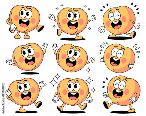 Cheerful set of happy fruit peach cartoon mascot icons in vintage rubber hose style, walking, running, waving hands, and smiling widely for joyful summer marketing, healthy food, dessert advertising,