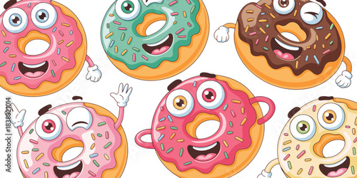 Whimsical cartoon pastry dessert characters featuring various colorful icing and sweet sugar sprinkles happily smiling, waving, and winking, creating a joyful vector illustration for fun advertising,