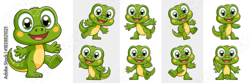 Cute little baby green reptile or gecko mascot character collection set featuring nine happy, smiling, and joyful poses, including walking, running, and waving, a playful cartoon vector illustration b
