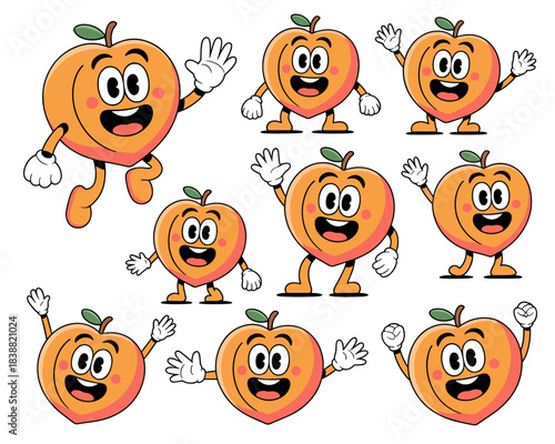 Groovy retro cartoon peaches character set, nine vintage rubber hose style fruit mascots expressing happiness and energy with smiles and waves, ideal graphic resource for playful children's marketing,