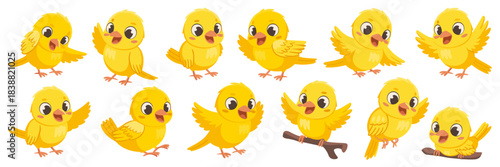 A large set of cute, cheerful yellow cartoon baby bird or canary characters flying, waving, and sitting in various happy poses for children's educational materials, playful marketing, or spring holida