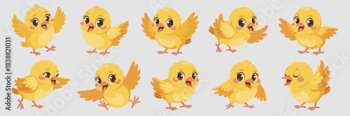 A comprehensive vector set of ten adorable baby chicks characters, illustrating cute yellow fluffy poultry in dynamic, cheerful poses like running, skipping, and flapping wings, ideal for Easter greet
