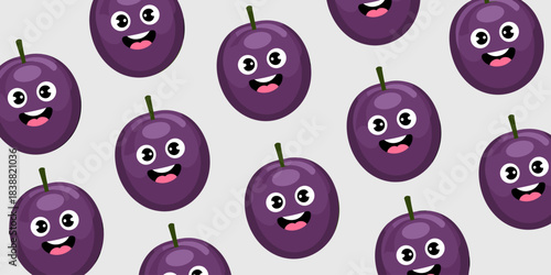 Cheerful seamless pattern featuring cute stylized purple passion fruits or dark grape characters with smiling faces and big eyes, a vibrant vector illustration for packaging, healthy food promotion, k