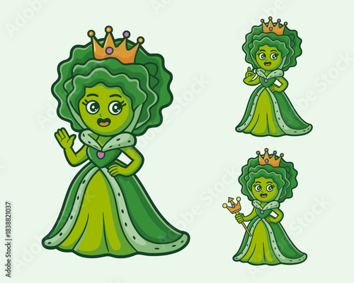 Cute cartoon cabbage princess queen mascot illustration set in a flowing layered green royal gown, wearing a gold crown and holding a scepter, promoting healthy eating, fresh vegetables, and nutrition
