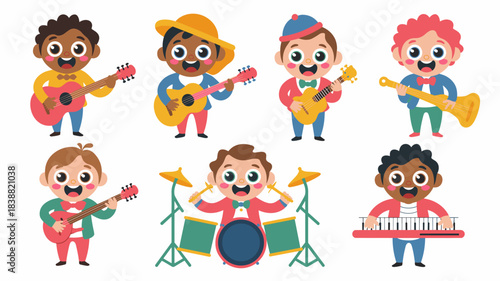 Diverse multinational little boys playing musical instruments ensemble cute cartoon vector illustration graphic design resource for music education, early childhood learning, hobbies, kindergarten adv