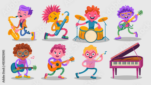 Energetic diverse group of joyful kids and cheerful children performing music, playing various instruments including guitar, drums, saxophone, and piano, modern cartoon vector illustration for artisti