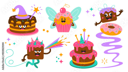 Whimsical cute dessert characters celebrating a happy birthday or magical fantasy party, featuring fun cakes, fairy cupcakes, and a mischievous donut, a playful vector graphic resource for children's