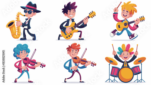 Six happy young cartoon musicians enthusiastically performing on various classical and rock instruments, including saxophone, electric guitar, acoustic guitar, violin, and drums, in a vibrant vector i