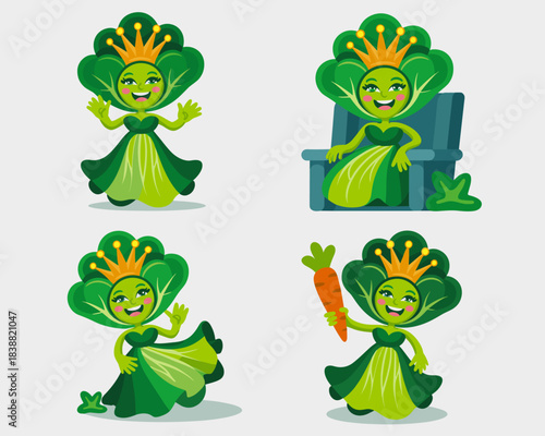 Cheerful vegetable queen character illustration set, a cute smiling royal lettuce mascot vector graphic collection in four poses, promoting organic food, healthy eating, and nutrition diet concepts fo