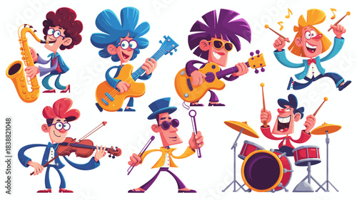 A joyful cartoon illustration of diverse, energetic band performers enthusiastically playing musical instruments like drums, electric guitar, violin, and saxophone, perfect conceptual graphic resource