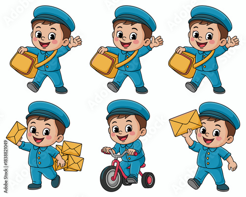Happy young boy postman character collection, a cute child mailman courier delivering important letters and envelopes, isolated professional postal service illustration set used for educational graphi