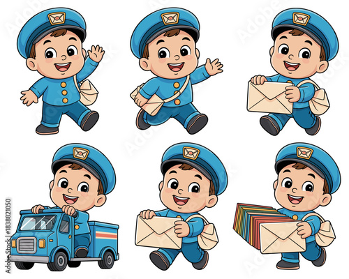 Happy cartoon mail carrier postman character vector illustration delivering letters, running, waving, and driving a postal service delivery truck, representing fast and reliable global communication a