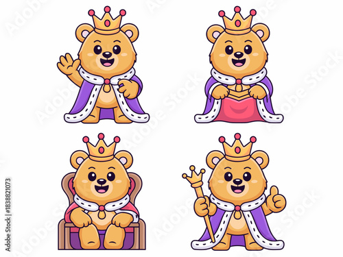 Charming cartoon mascot bear king bundle presenting various royal poses, including waving, holding a golden scepter, sitting on a majestic throne, and giving a confident thumbs up, representing leader