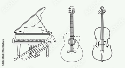 Elegant line art collection of classical and modern musical instruments including a grand piano, guitar, cello, and a trumpet.