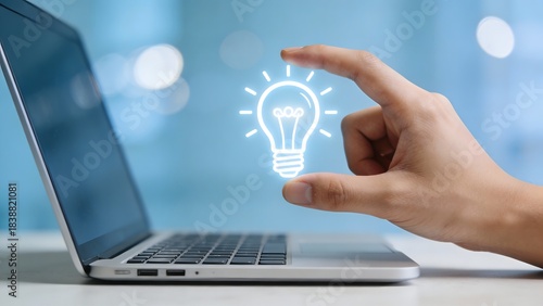 Hand holding glowing light bulb near laptop