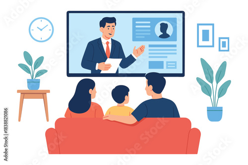 Family sitting on sofa watching presenter on television screen giving information in calm home environment, flat vector illustration