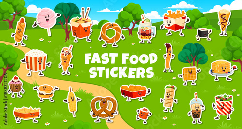 Fast food characters stickers of popcorn, cotton candy, noodles, churro, waffle, pretzel, hamburger, french fries, sushi, salad and pancakes. Vector cartoon mascots and personages for cafe menu