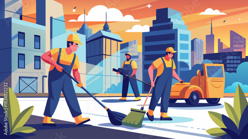 A group of workers are cleaning a street with a truck in the background. Scene is busy and active