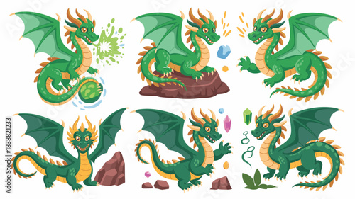 Six adorable emerald green fantasy dragons collection in multiple cheerful vector poses, sitting on rocks, flying, and guarding magic gems and colorful crystals, perfect mythical creatures for fun cre