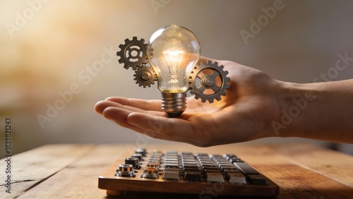 Hand holding light bulb with gears