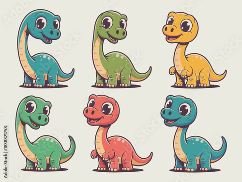 A delightful collection of six adorable, smiling baby sauropod dinosaurs, including vibrant green, teal blue, cheerful yellow, and playful red brontosaurus characters, presented as cute cartoon vector