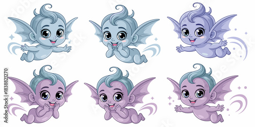 Adorable vector cartoon baby imp characters set, mythical creatures flying and smiling, blue and lavender chibi monsters for cute Halloween design, spooky fantasy nursery decoration, digital graphic a
