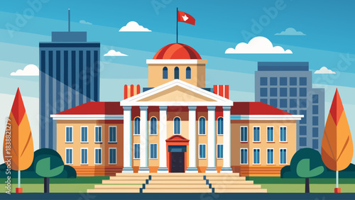 A large building with a red roof and a flag on top. The building is surrounded by trees and has a large green lawn. The sky is blue and there are clouds in the background