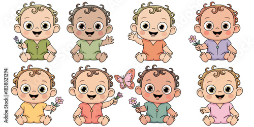 Collection of eight cheerful, multicultural cartoon baby infants sitting, smiling, and playing with flowers or waving, showing diverse skin tones and colorful clothes, an adorable vector illustration