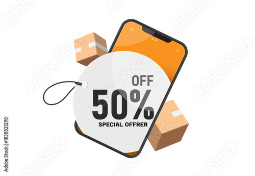 White Special offer 50% promotion tag label is placed on smartphone screen and there are parcel boxes or cardboard boxes around it for online shopping, delivery advertising design, vector 3d isolated