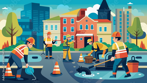 A group of construction workers are working on a street. The workers are wearing safety gear and are using tools such as a shovel and a pick