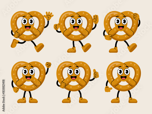Animated cartoon pretzel character vector collection displaying cheerful emotions like running, walking, waving, and thumbs up, providing funny graphic resources for Bavarian snack branding, promotion
