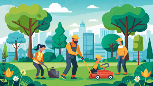 A group of people are working in a park, with a man pushing a red toy car. The scene is lively and cheerful, with the people enjoying their time outdoors