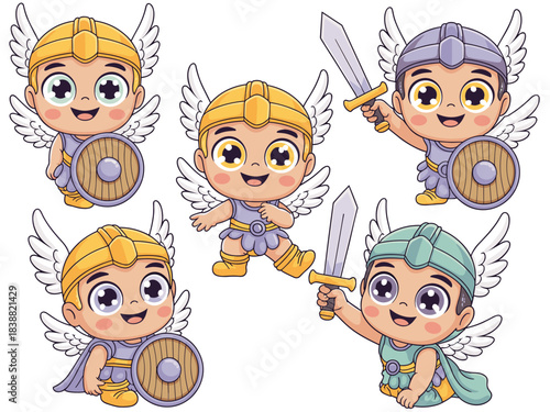 Adorable chibi cartoon baby Viking warriors, a collection of happy mythological heroes wearing winged helmets, wielding swords and round shields for ancient Norse fantasy adventure concepts, vector gr