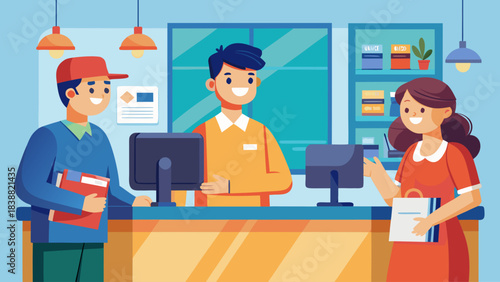 A man in a yellow shirt is standing behind a counter with a woman in a red dress standing in front of him. The man is smiling and the woman is smiling as well. There are several books in the scene