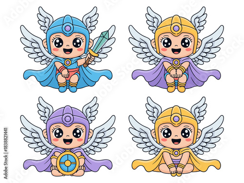 Four cute chibi baby Valkyrie warriors isolated vector illustration, showcasing adorable Norse mythology fantasy characters with wings, helmets, capes, holding swords and shields, perfect cartoon grap