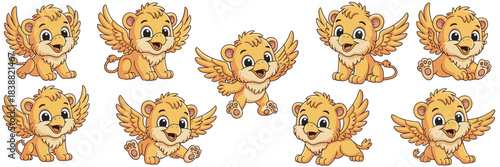 Comprehensive set of adorable cartoon baby griffins posing happily, a mythical winged lion cub and eagle beak mascot collection vector illustration for children's learning, fantasy games, branding, an