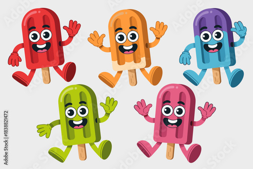 Five cheerful and vibrant cartoon frozen treats, including colorful popsicles and ice lollies mascots, jumping and waving hands excitedly, creating a playful vector illustration graphic resource suita